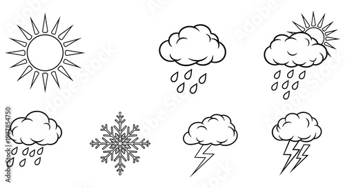 Set of hand drawn weather icons representing various atmospheric conditions