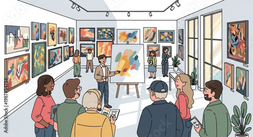 Art Gallery Exhibition with Visitors Viewing Paintings.