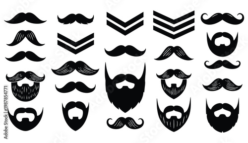 Mustache and beard set on white background. Vintage beard and mustache silhouette. Barber shop cartoon black beard label. Hipster style barber shop beard 