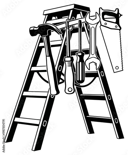 Stepladder with various construction tools hanging from the top rungs