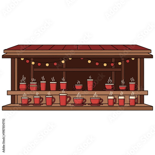 Vector illustration of a rustic wooden market stall containing multiple red mugs and cups of steaming hot beverages, decorated with hanging festive yellow and red string lights.