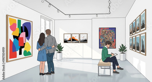 Art gallery exhibition with visitors viewing paintings and a person sketching.