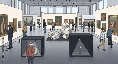 Art Gallery Exhibition with Visitors Viewing Paintings and Sculptures.
