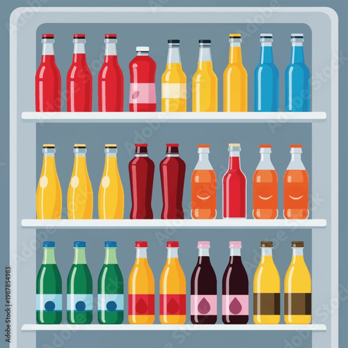 Flat vector illustration of various colorful bottled beverages arranged in neat rows on three shelves inside a refrigerator, including soda, juice, and water in different colors.