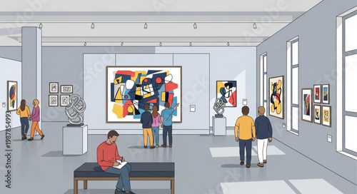 Art Gallery Exhibition with Visitors Viewing Paintings and Sculptures.