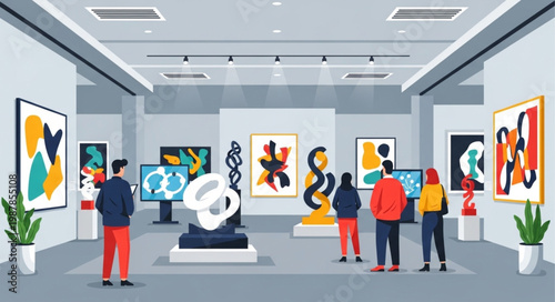 Art Gallery Exhibition with Visitors Viewing Paintings and Sculptures.