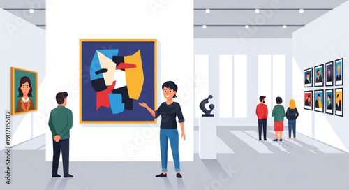 Art gallery exhibition with visitors viewing paintings and sculptures.