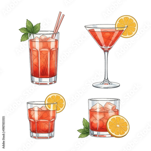 Set of four watercolor cocktail illustrations featuring red drinks in martini, highball, and rocks glasses, garnished with orange slices, mint leaves, and ice, isolated on white background.