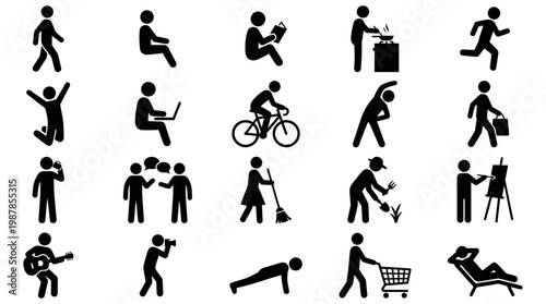 Diverse Collection of Human Daily Activity Silhouette Icons Depicting People in Various Poses and Common Situations