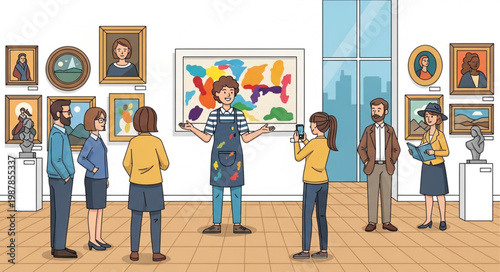 Art gallery guide explaining paintings to visitors.