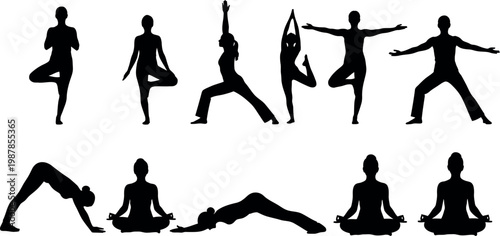 yoga and exercise poses sequence flat design vector illustration 