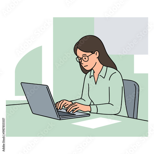 Woman working on laptop at office desk with papers and chair