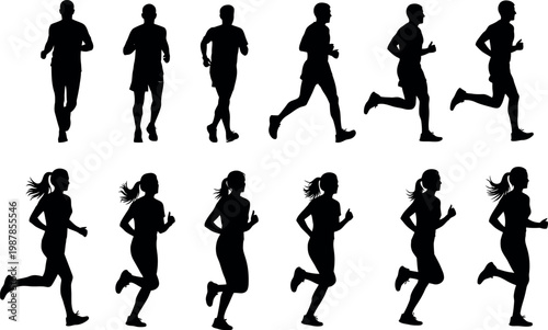 silhouettes of men and women running progression flat design vector illustration