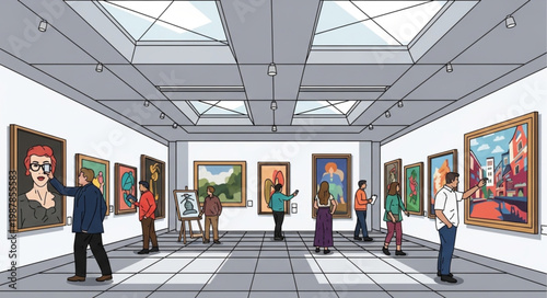 Art gallery interior with visitors viewing paintings on walls.