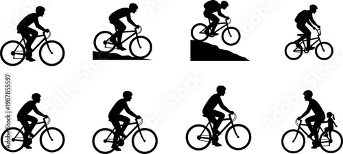 A dynamic set of cyclists in different riding positions, presented in a clean flat design vector style. Ideal for sports, fitness, transportation, or lifestyle projects in marketing, education.
