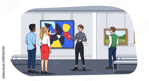 Art gallery tour guide explaining paintings to visitors.