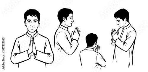 Gesture of respect and greeting shown by a man with hands pressed together