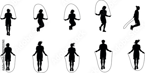 silhouette of person jumping rope in continuous motion flat design vector illustration