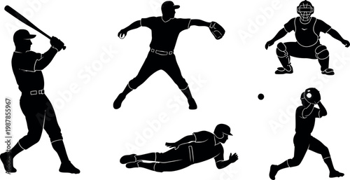 baseball player batting and sliding vector illustration flat design sports action sequence