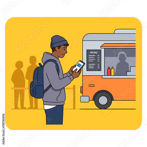 Man in casual wear ordering food from a truck with a menu