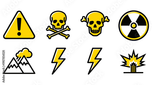 Yellow hazard signs showing different types of dangerous industrial warnings