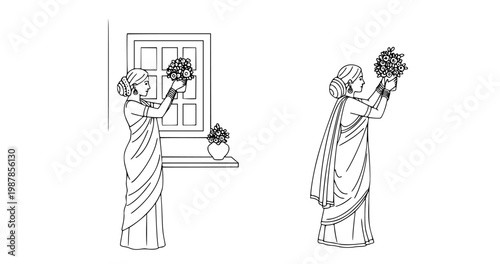 Graceful traditional Indian woman in a saree adorning her home with potted flowers and engaging in a sacred offering, beautifully captured in a monochrome line art illustration