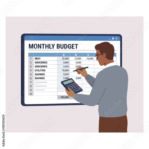 Man reviews monthly budget on large computer screen with calculator