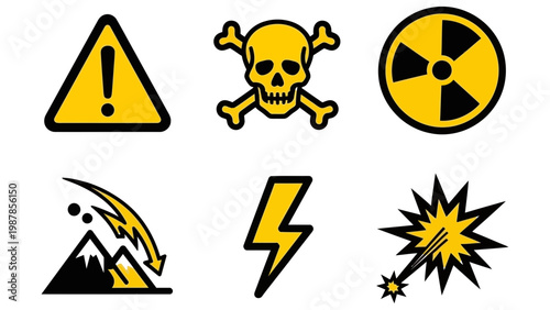 Set of yellow warning signs indicating various types of environmental hazards