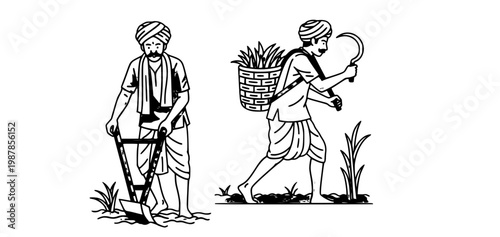 Monochrome illustration two traditional farmers. One tills soil with a hand plough, the other carries harvested crops and a sickle, depicting rural agricultural labor