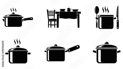 Black silhouette icons of cooking pots and dining room furniture