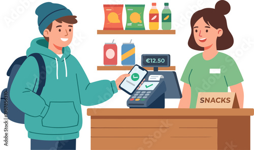 Man buys snacks from woman at convenience store counter with digital payment.