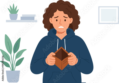 A worried young woman holds a gift box indoors with plants nearby.