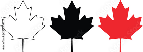 Canadian maple leaf variations white outline black silhouette and vibrant red representation