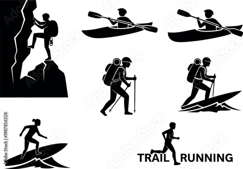 outdoor adventure sports activities set with hiking kayaking climbing and trail running vector illustration