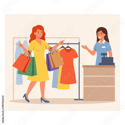 A woman buys clothes from a store employee at a clothing store checkout.