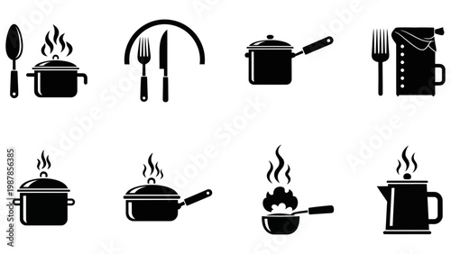 Set of black kitchenware icons for cooking and food preparation