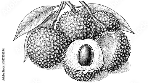 Detailed vintage botanical engraving of ripe lychee fruit with leaves