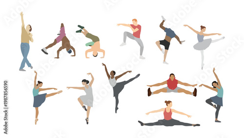 Modern Dance and Ballet Dancers Vector Illustration Set