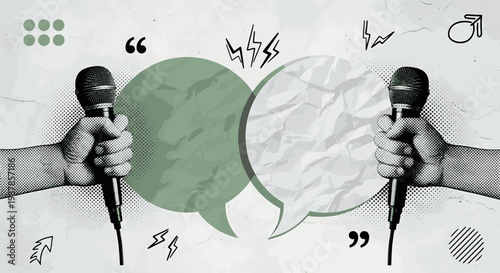Hands Holding Microphones with Speech Bubbles and Creative Symbols for Podcast Debate Interview and Communication Concept Background Vector Illustration