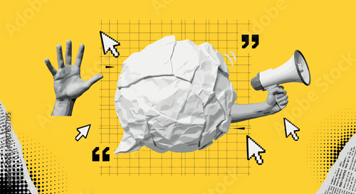 Creative Collage Design with Crumpled Paper Ball Megaphone and Hand Gestures for Marketing and Communication Concept Flat Vector Illustration
