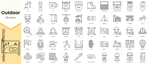 Simple Outline Set of Outdoor icons. Linear style icons pack. Vector illustration