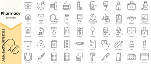 Simple Outline Set of Pharmacy icons. Linear style icons pack. Vector illustration
