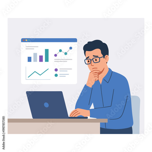 A man analyzes data on a laptop with a thoughtful expression in an office