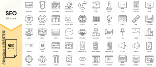 Simple Outline Set of Seo icons. Linear style icons pack. Vector illustration