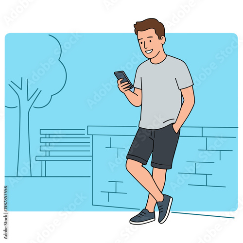 Man walking in park checking phone on sunny day outdoors leisurely