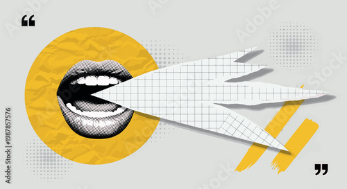 Modern Abstract Collage with Open Mouth and Speech Bubble Elements Over Yellow Circle and Textured Background for Creative Media Design vector illustration