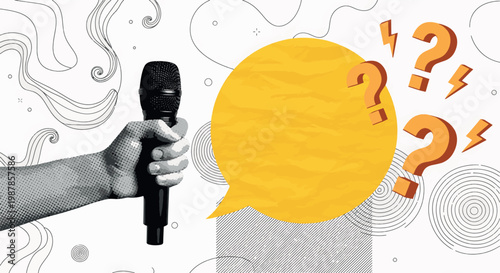 Hand holding microphone with speech bubble and question marks for podcast interview journalism communication q and a session vector illustration