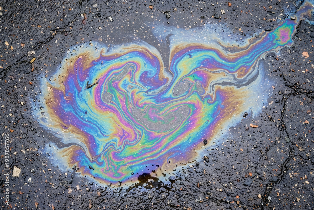Fototapeta premium Colorful iridescent oil slick floating in a puddle on asphalt pavement