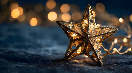 Golden star decoration with fairy lights on a dark background
