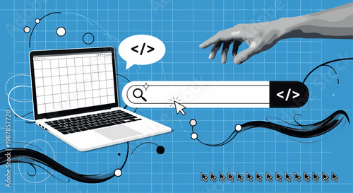 Modern web development and digital search optimization concept featuring a laptop and search bar with coding icons in flat vector illustration